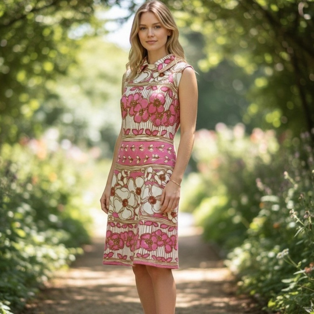 Vintage 60s or 70s Floral Sleeveless Polyester A Line Dress Pink with Cream